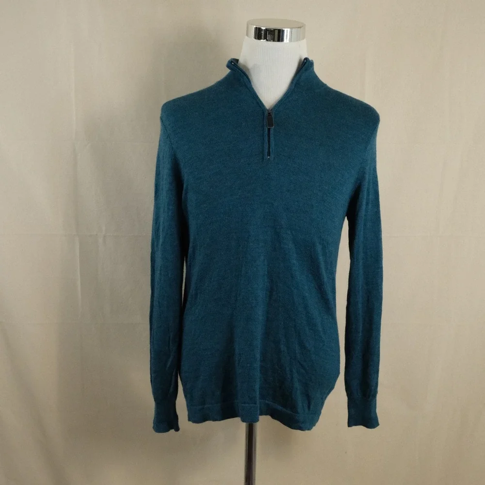 Jos. A. Bank Medium Traveler Quarter Zip Sweater Blue Green Merino Wool Mens